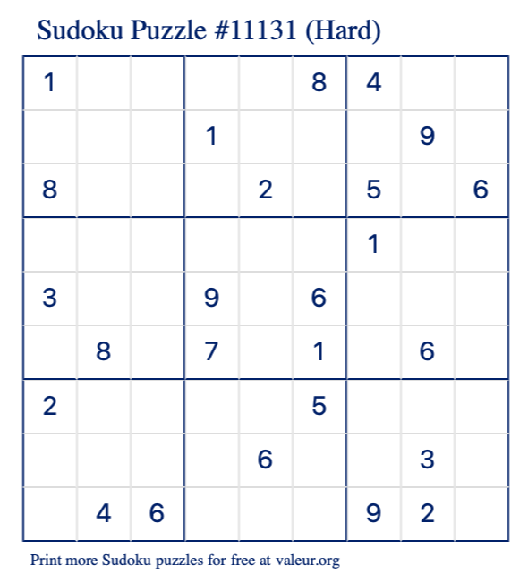 Free Printable Hard Sudoku Puzzle number 11131
