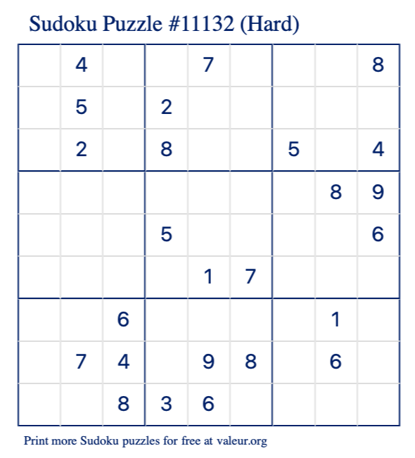 Free Printable Hard Sudoku Puzzle number 11132