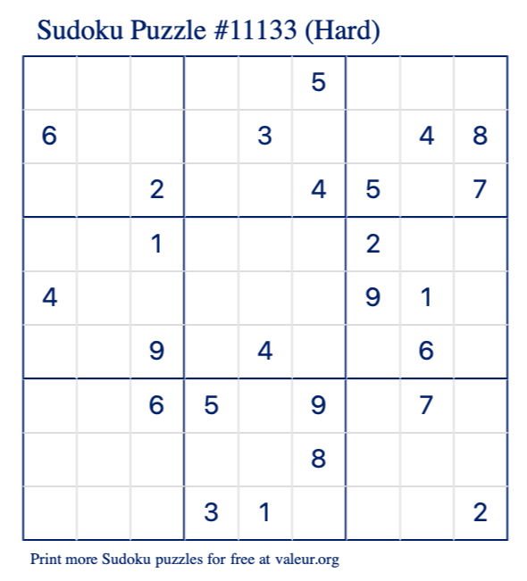 Free Printable Hard Sudoku Puzzle number 11133