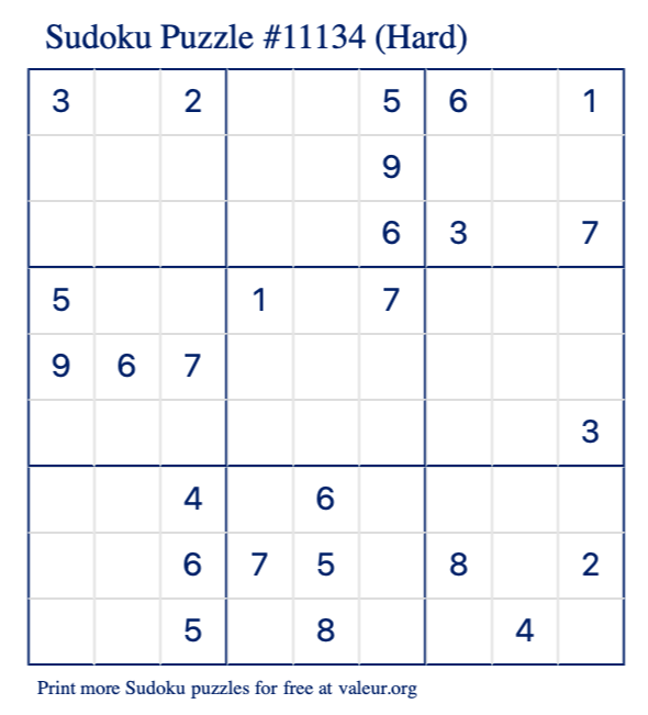 Free Printable Hard Sudoku Puzzle number 11134