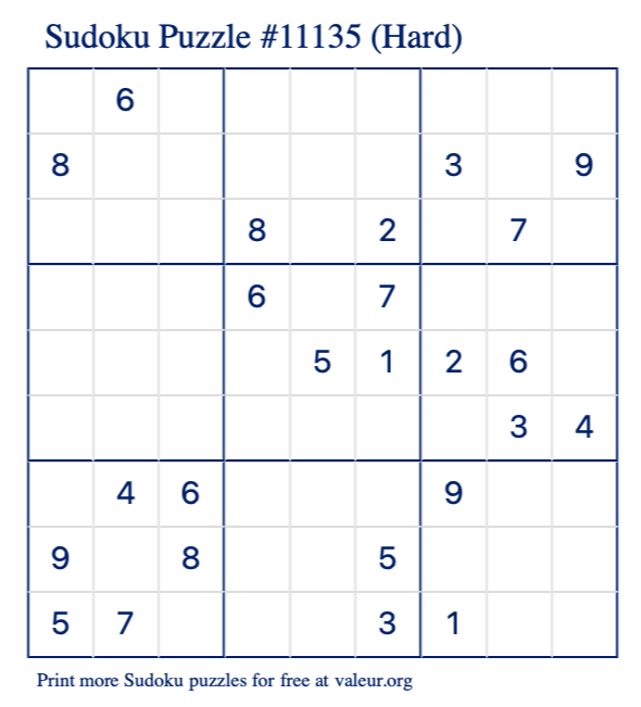 Free Printable Hard Sudoku Puzzle number 11135