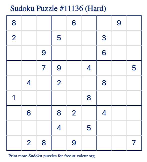 Free Printable Hard Sudoku Puzzle number 11136