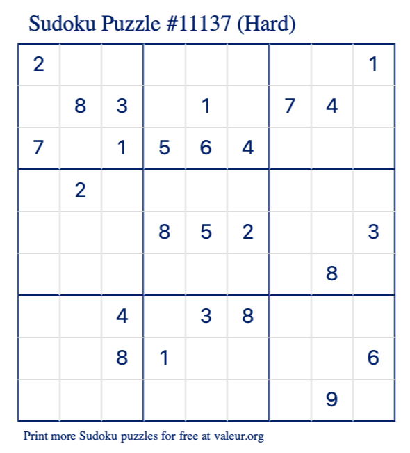 Free Printable Hard Sudoku Puzzle number 11137