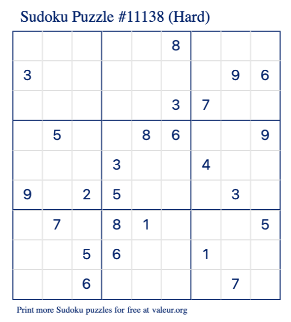 Free Printable Hard Sudoku Puzzle number 11138