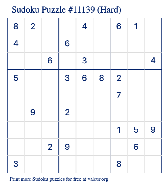 Free Printable Hard Sudoku Puzzle number 11139