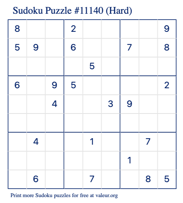 Free Printable Hard Sudoku Puzzle number 11140
