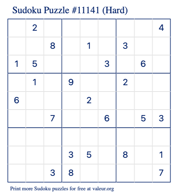 Free Printable Hard Sudoku Puzzle number 11141