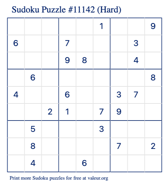 Free Printable Hard Sudoku Puzzle number 11142