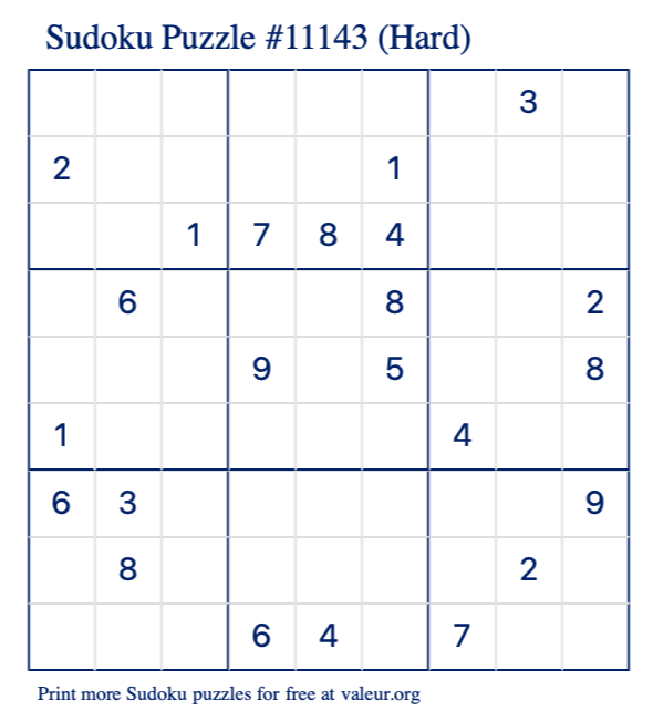 Free Printable Hard Sudoku Puzzle number 11143