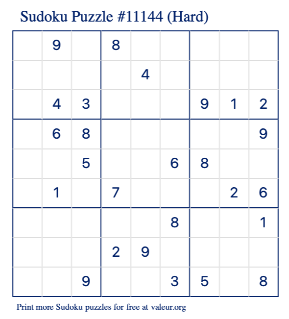 Free Printable Hard Sudoku Puzzle number 11144