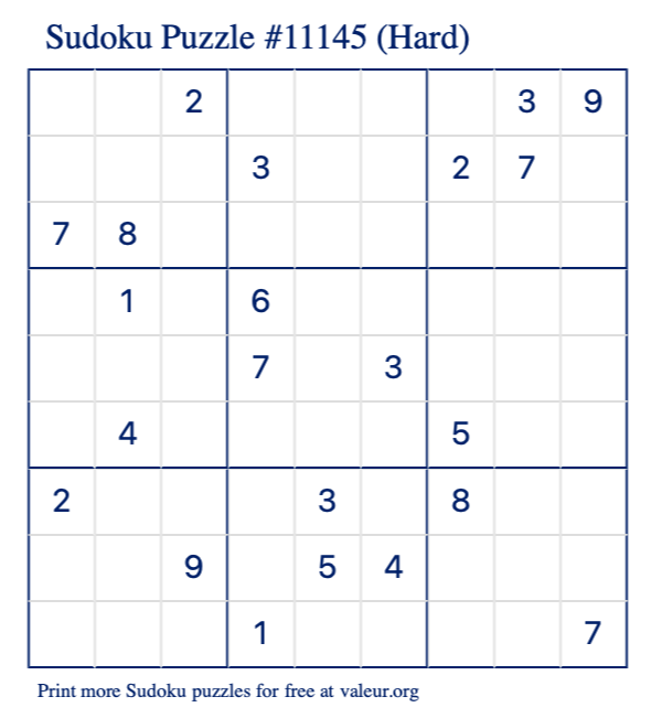 Free Printable Hard Sudoku Puzzle number 11145