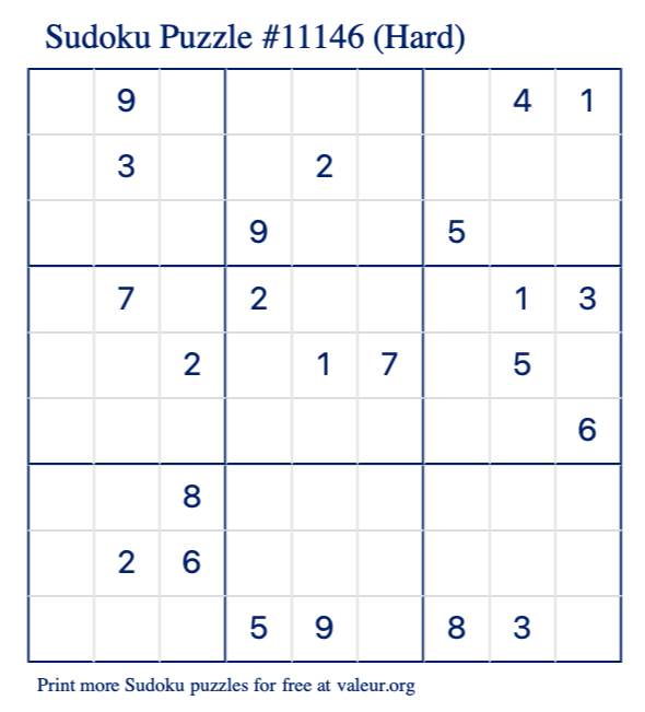 Free Printable Hard Sudoku Puzzle number 11146