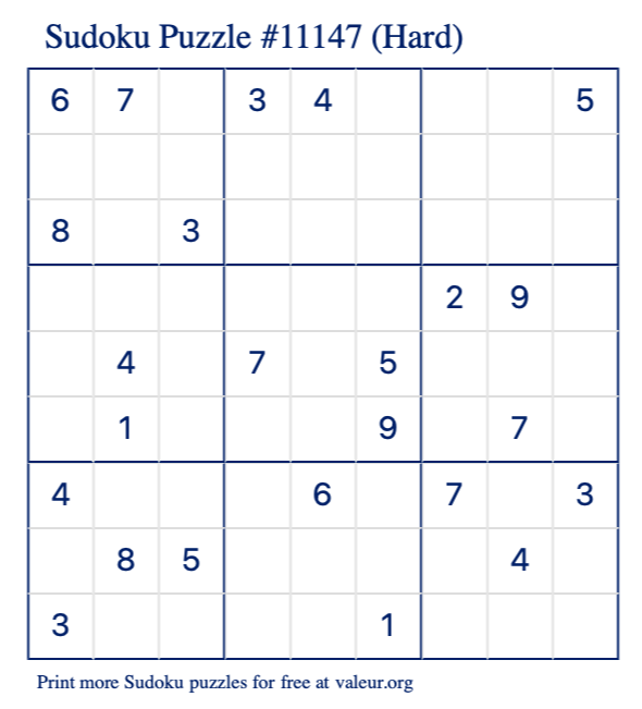 Free Printable Hard Sudoku Puzzle number 11147