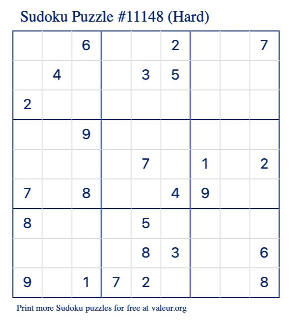 Free Printable Hard Sudoku Puzzle number 11148