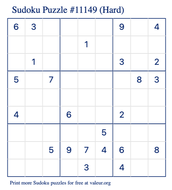 Free Printable Hard Sudoku Puzzle number 11149