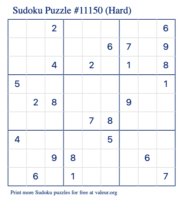 Free Printable Hard Sudoku Puzzle number 11150