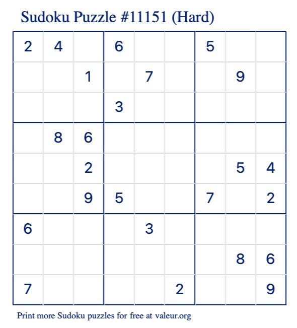 Free Printable Hard Sudoku Puzzle number 11151