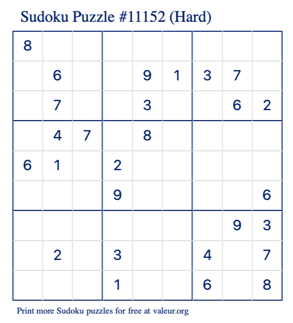Free Printable Hard Sudoku Puzzle number 11152
