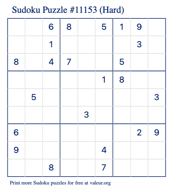 Free Printable Hard Sudoku Puzzle number 11153