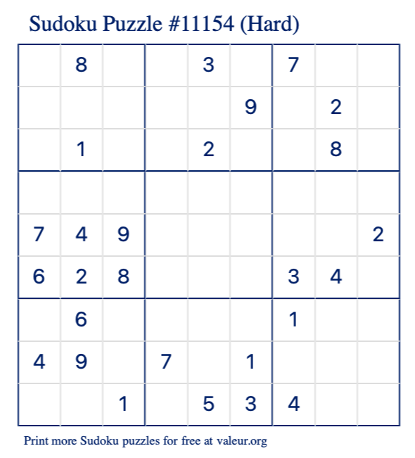 Free Printable Hard Sudoku Puzzle number 11154