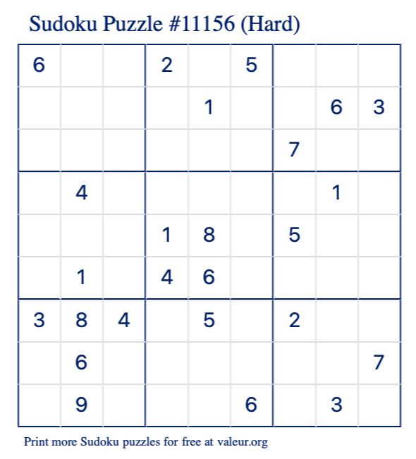 Free Printable Hard Sudoku Puzzle number 11156