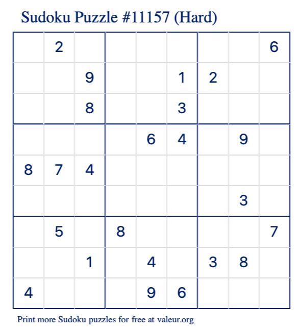 Free Printable Hard Sudoku Puzzle number 11157