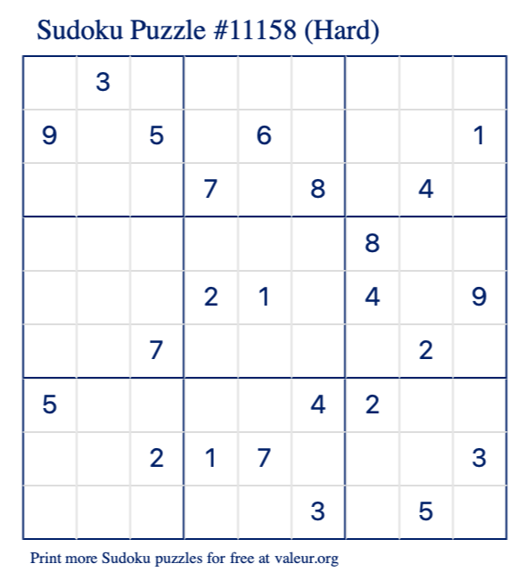 Free Printable Hard Sudoku Puzzle number 11158