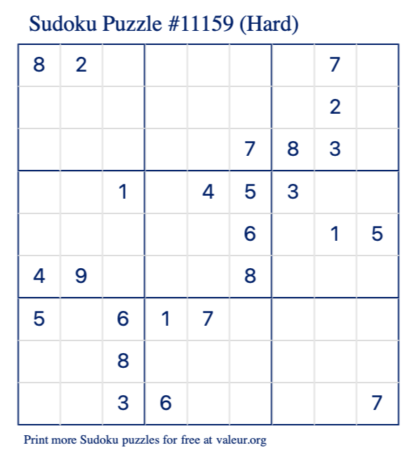 Free Printable Hard Sudoku Puzzle number 11159