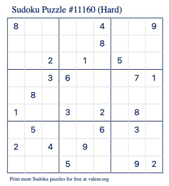 Free Printable Hard Sudoku Puzzle number 11160