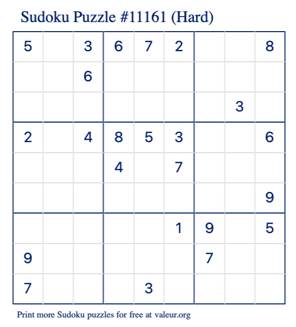 Free Printable Hard Sudoku Puzzle number 11161