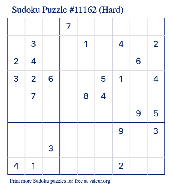 Free Printable Hard Sudoku Puzzle number 11162