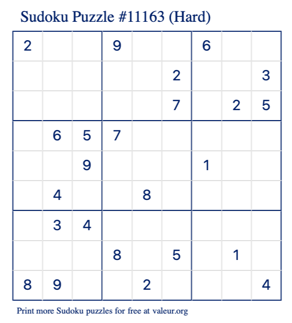 Free Printable Hard Sudoku Puzzle number 11163