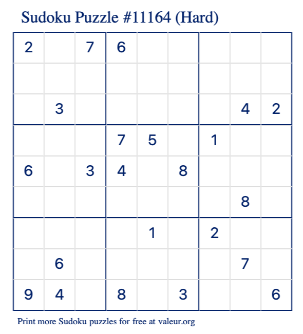 Free Printable Hard Sudoku Puzzle number 11164