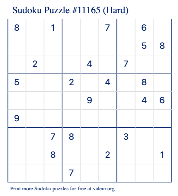 Free Printable Hard Sudoku Puzzle number 11165