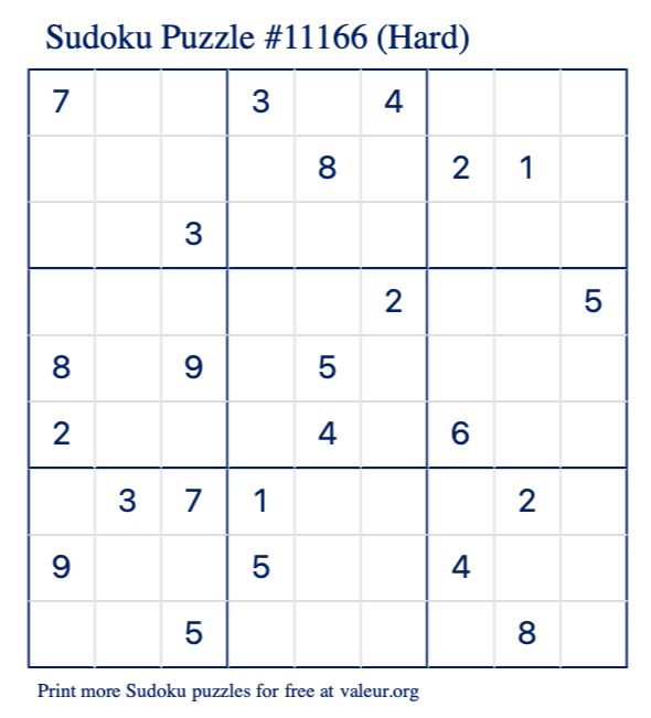 Free Printable Hard Sudoku Puzzle number 11166