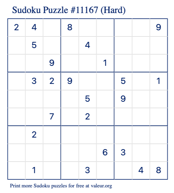 Free Printable Hard Sudoku Puzzle number 11167