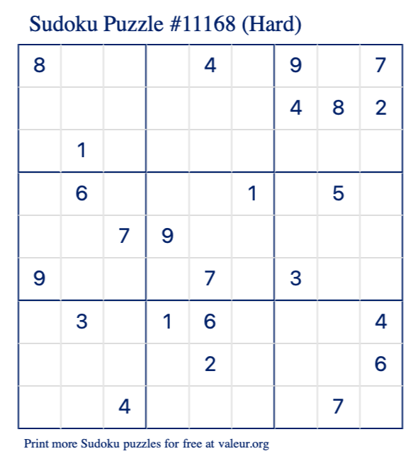 Free Printable Hard Sudoku Puzzle number 11168