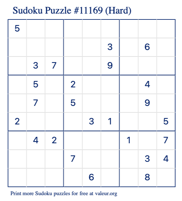 Free Printable Hard Sudoku Puzzle number 11169