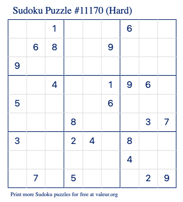 Free Printable Hard Sudoku Puzzle number 11170