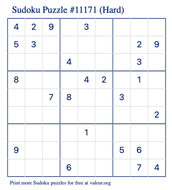 Free Printable Hard Sudoku Puzzle number 11171