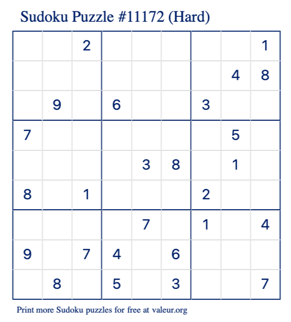 Free Printable Hard Sudoku Puzzle number 11172