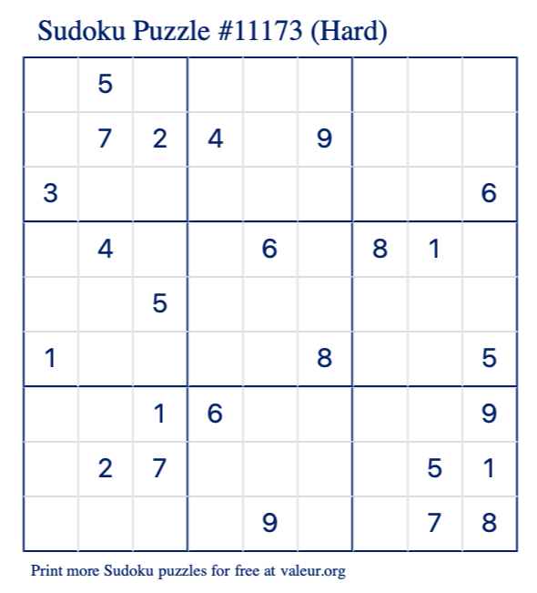 Free Printable Hard Sudoku Puzzle number 11173