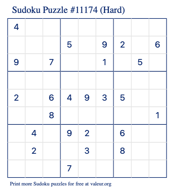 Free Printable Hard Sudoku Puzzle number 11174