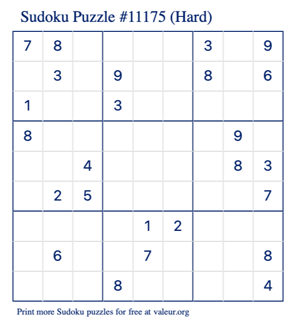 Free Printable Hard Sudoku Puzzle number 11175