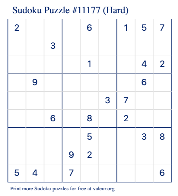 Free Printable Hard Sudoku Puzzle number 11177