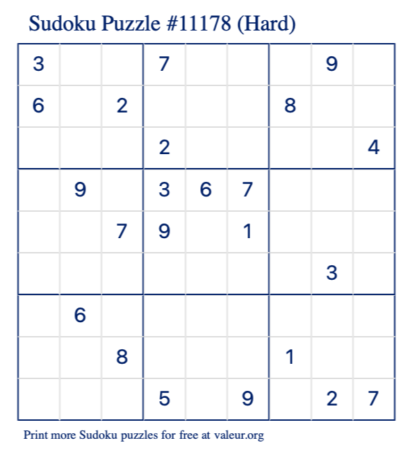 Free Printable Hard Sudoku Puzzle number 11178
