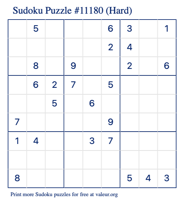 Free Printable Hard Sudoku Puzzle number 11180