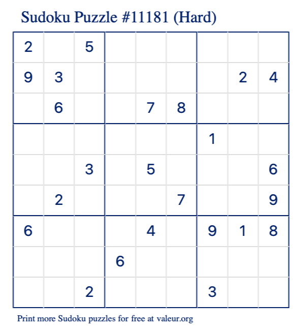 Free Printable Hard Sudoku Puzzle number 11181