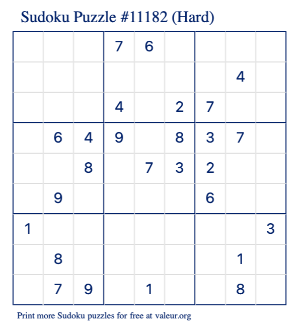 Free Printable Hard Sudoku Puzzle number 11182
