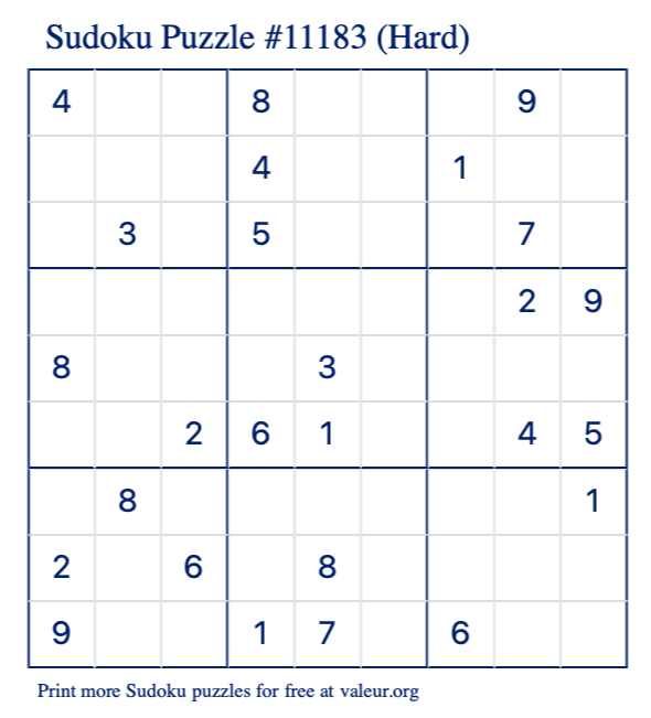 Free Printable Hard Sudoku Puzzle number 11183